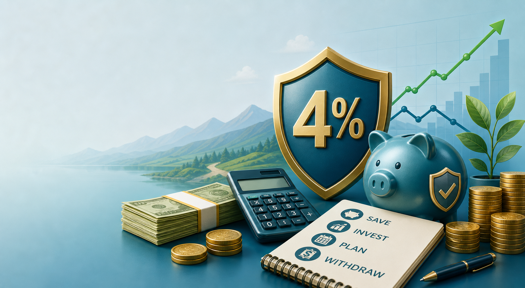 Illustration of the 4% rule for retirement withdrawals with calculator and savings chart.