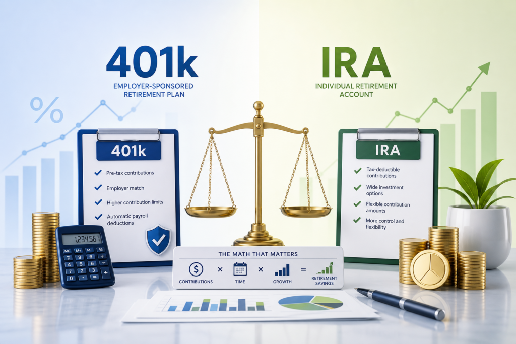 Illustration for 401k vs IRA mathematical comparison of investing returns, fees, taxes, and employer match