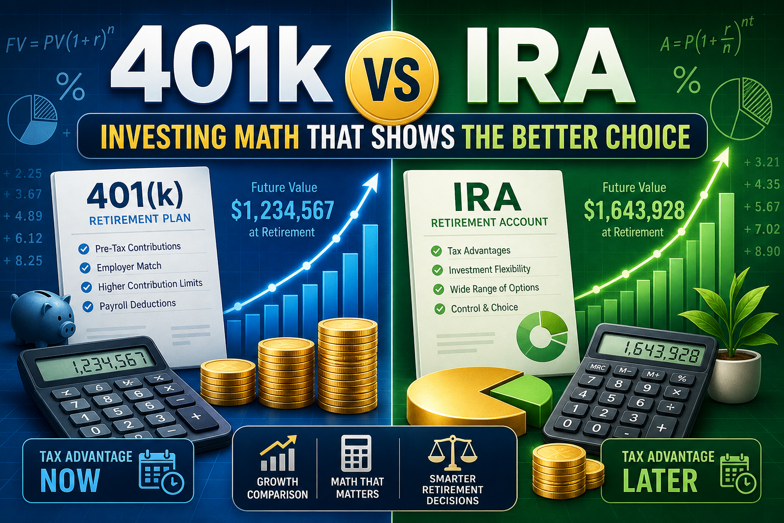 Illustration comparing 401(k) and IRA investing math with charts, numbers, and a calculator.