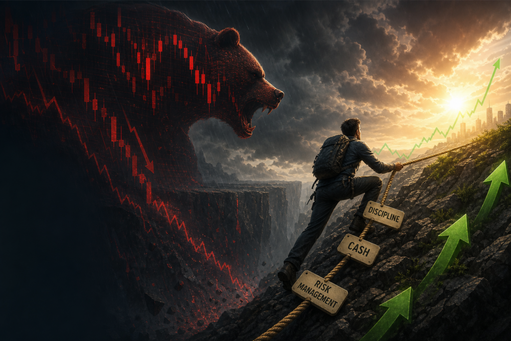 Illustration for bear market survival showing investors panicking in a downturn and a path to recovery