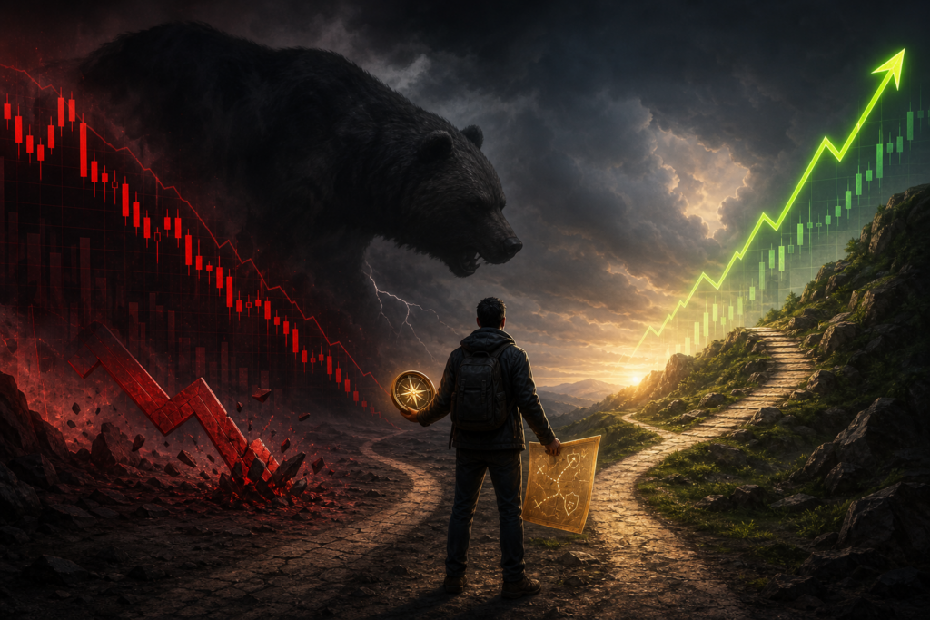 Mobile AI chat screen about bear market survival, why investors fail, and how to recover fast