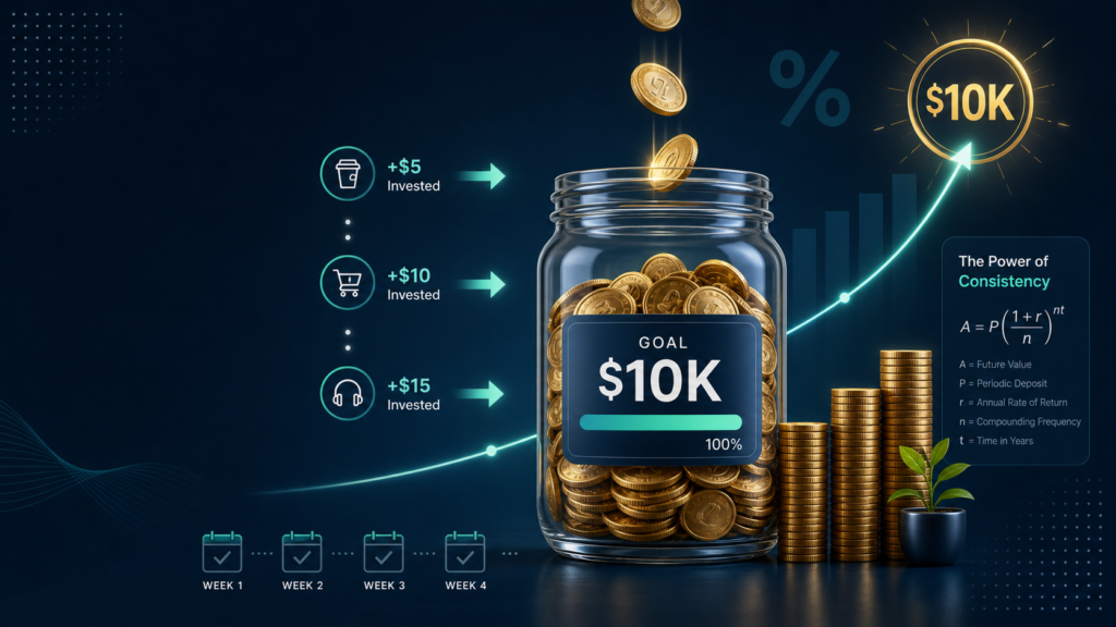 Building a $10k nest egg through micro-investing — Person counting coins and tracking small investments on a phone, illustrating micro-investing growth toward $10K