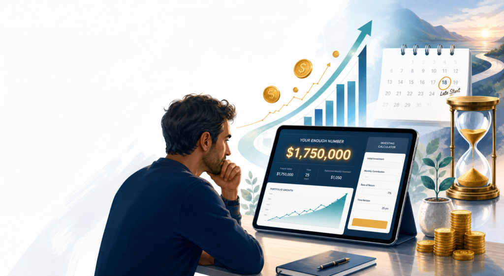 Calculating your late-start 'enough' number — Graphic about calculating your late-start enough number with investing math