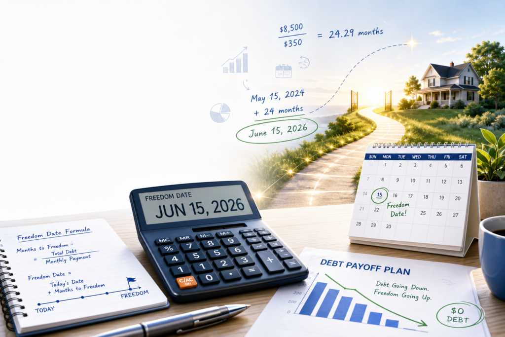 Illustration of debt-free math calculating your freedom date with a clear debt payoff timeline and financial freedom goal