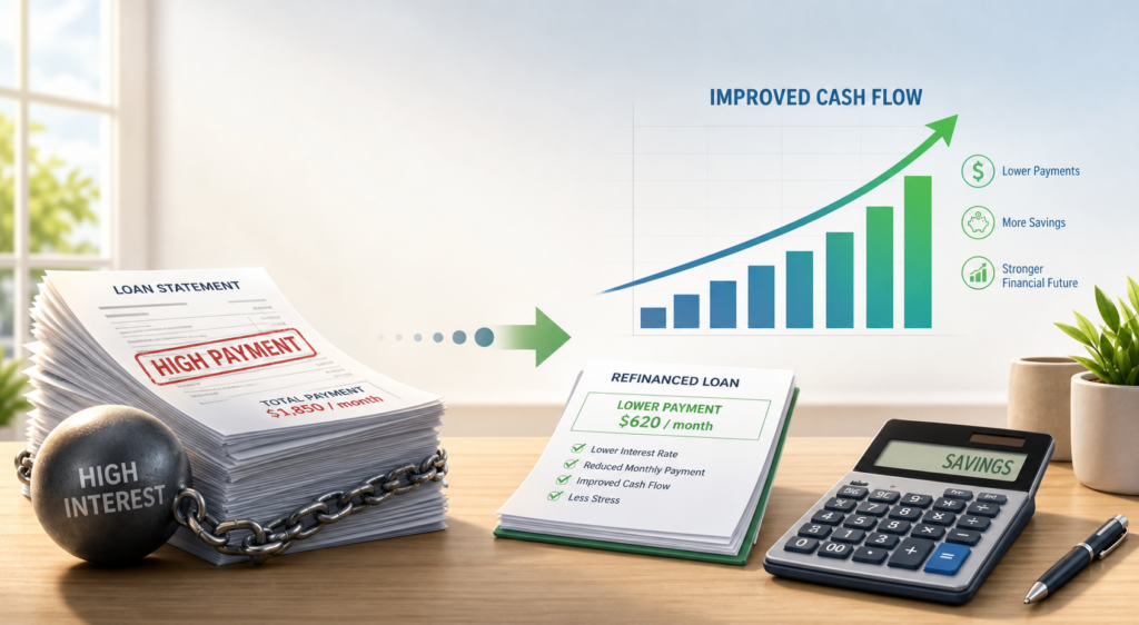 Illustration of debt refinancing math with lower interest, reduced payments, and faster payoff comparisons