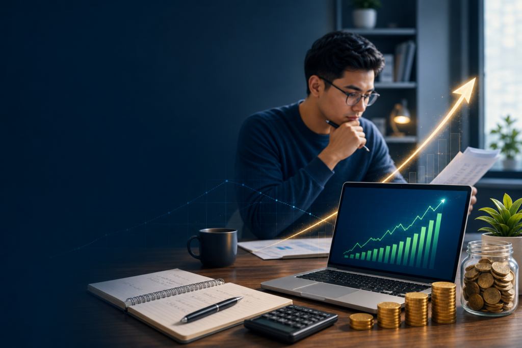 Abstract blue and purple gradient waves illustrating a deep dive into investing math to reach your first $10,000