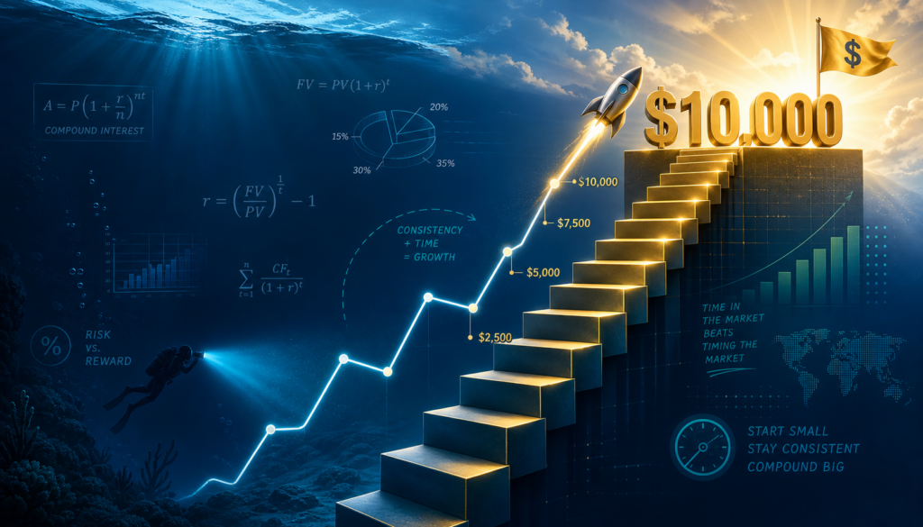 Illustration of investing math and steady contributions growing toward a first $10,000 milestone.