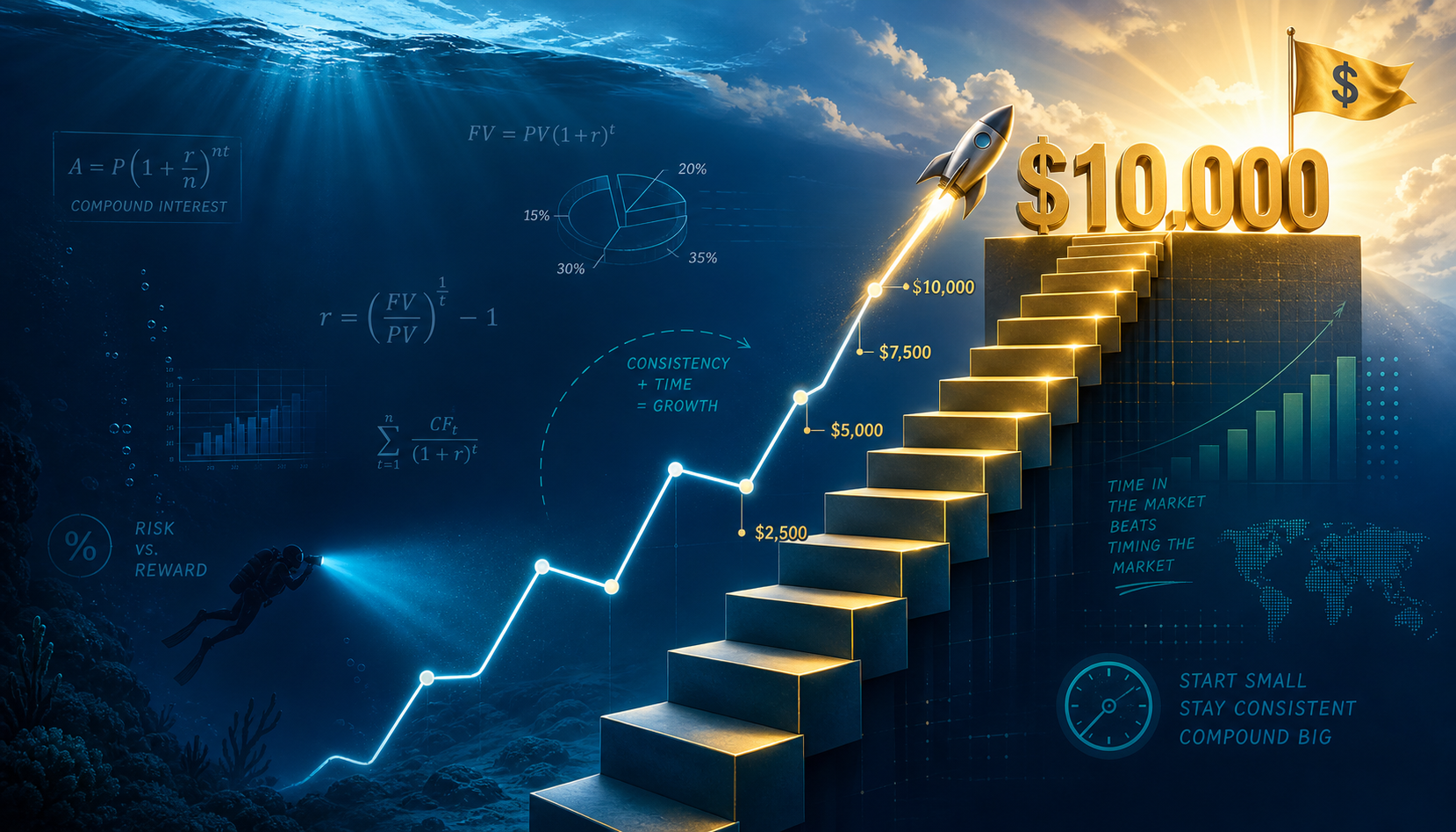 Illustration of investing math and steady contributions growing toward a first $10,000 milestone.