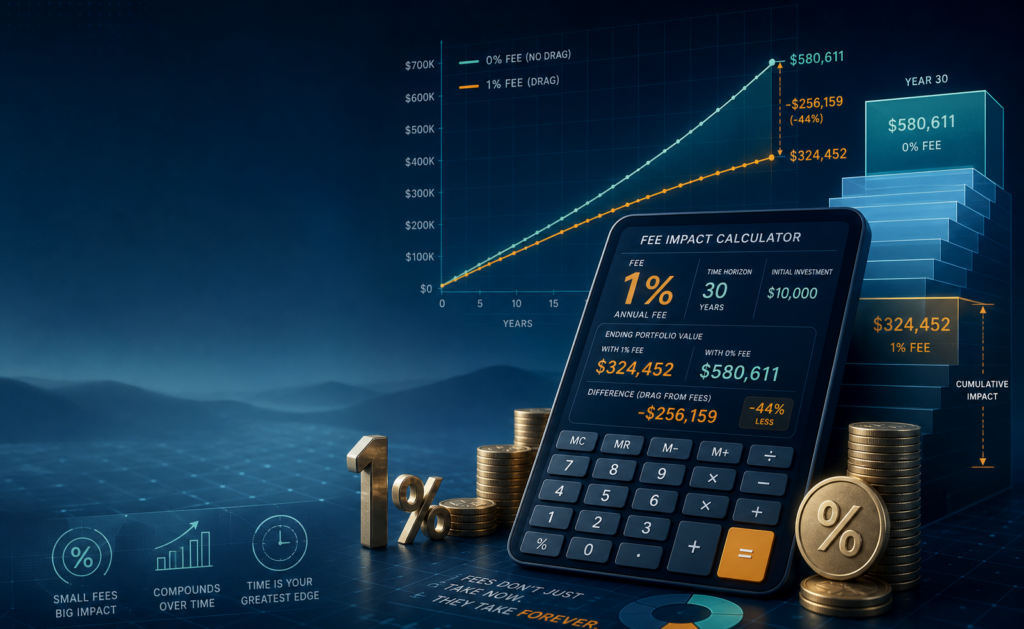 Illustration for a deep dive into a 1% fee impact calculator showing how annual investing fees reduce long-term returns