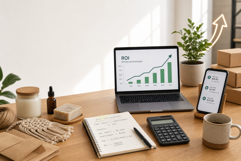 Person reviewing side hustle earnings on a calculator and notebook, evaluating profitability and ROI growth strategies.