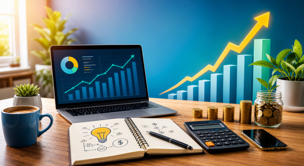 Person reviewing side hustle earnings on a laptop with a notebook and calculator nearby, analyzing income and expenses.