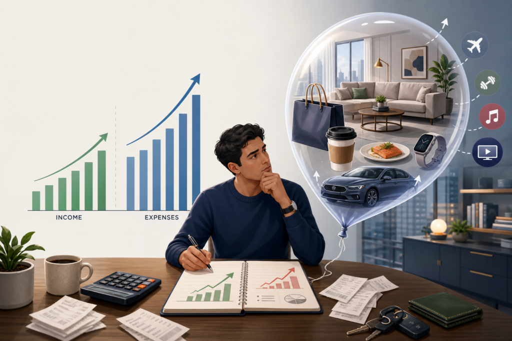 Person reviewing rising expenses on a budget spreadsheet, representing the hidden cost of lifestyle inflation over time.