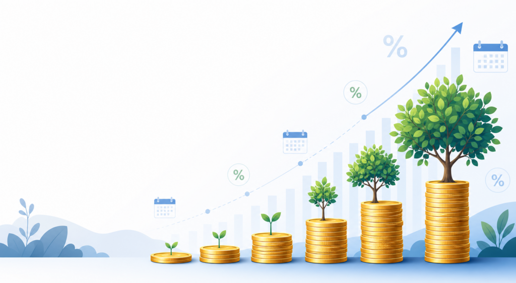 Illustration of compound interest growth with calculator, chart, and steady contributions increasing over time