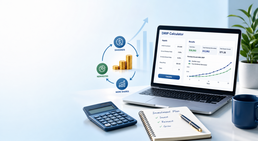 Illustration of a DRIP calculator showing how reinvested dividends can grow an investment portfolio over time.