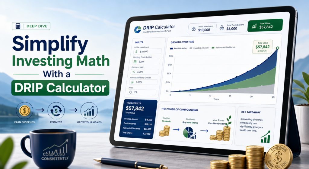 Helpful AI assistant portrait illustrating a DRIP calculator guide for simple dividend reinvestment investing math