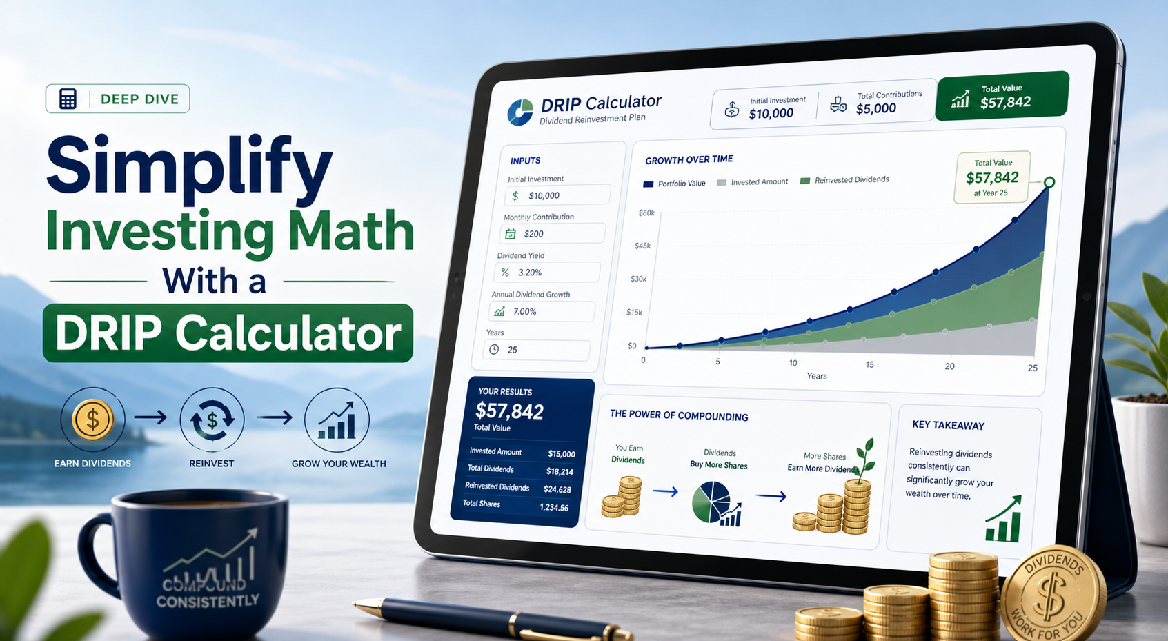 Helpful AI assistant portrait illustrating a DRIP calculator guide for simple dividend reinvestment investing math