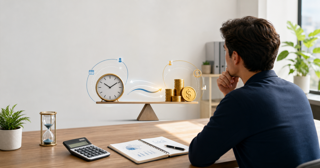 A person calculating time versus money value using a notepad and calculator to make informed financial decisions.