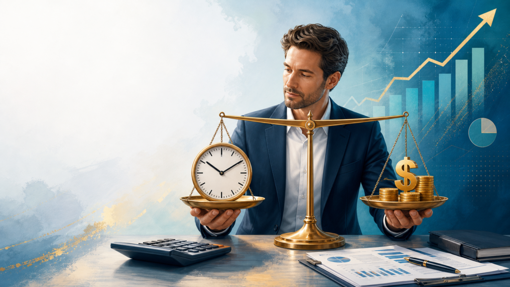 A person calculating time versus money value using a notebook and calculator to make smarter financial decisions.