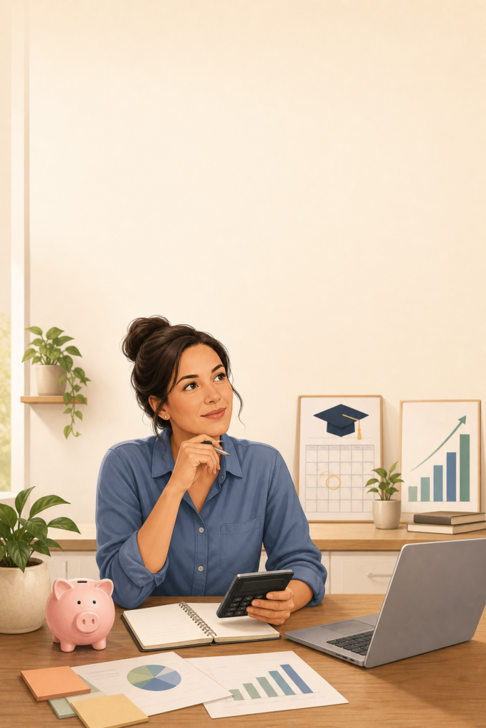 Illustration of a parent balancing 529 plan savings, college costs, and retirement goals.
