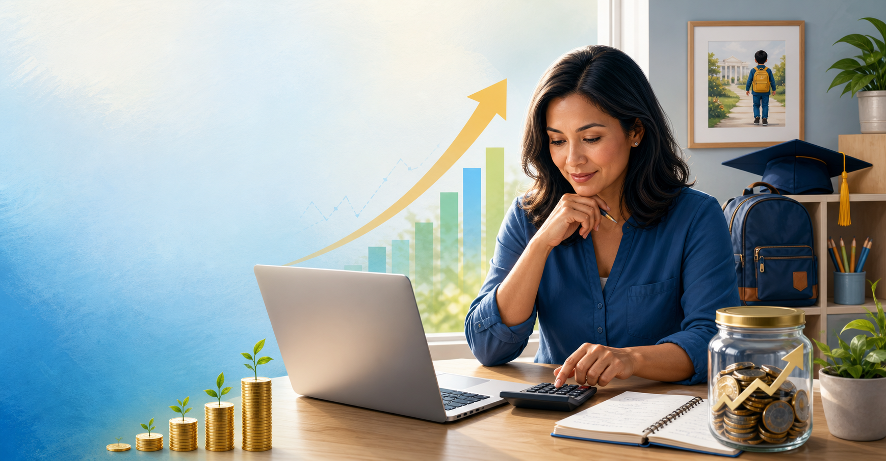 Illustration of a parent calculating 529 plan math to save for a child’s college and their own retirement