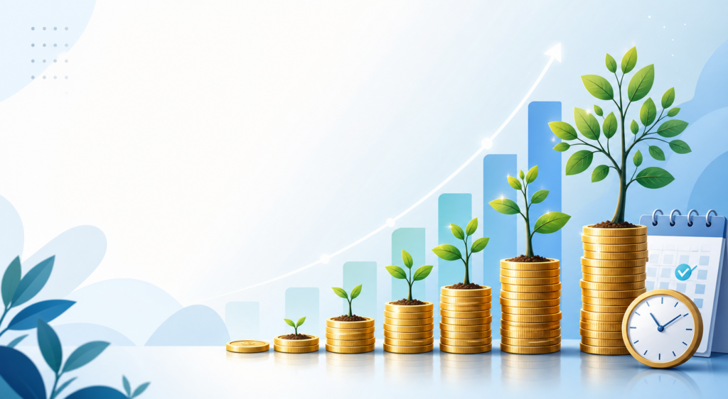 Simple chart showing compound interest growth for beginners, with money increasing over time.
