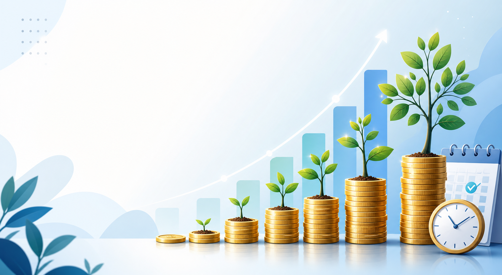 Simple chart showing compound interest growth for beginners, with money increasing over time.