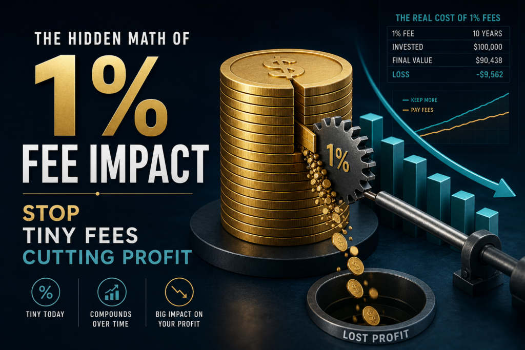Illustration of a 1% fee impact eroding investment profits over time, with coins and a shrinking upward graph.