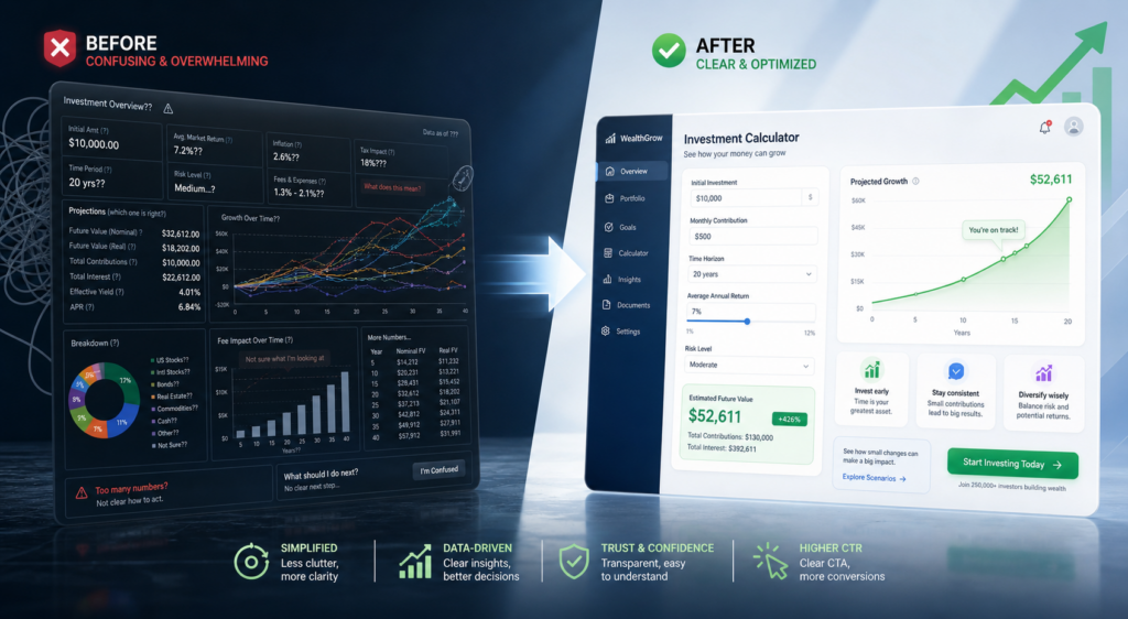 Illustration of a simplified investment calculator UI focused on ux optimization and higher click-through rates